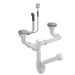 PUSH TO OPEN 3 1/2" waste with siphon 2-bowl stainless steel (GRANIT-vertical) save space, brushed steel round button