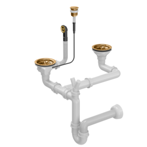 PUSH TO OPEN 3 1/2" waste with siphon 2-bowl copper (GRANIT-vertical) save space, copper round button
